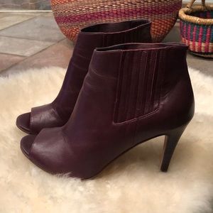 Burgundy leather open toe heel boots, 9.5